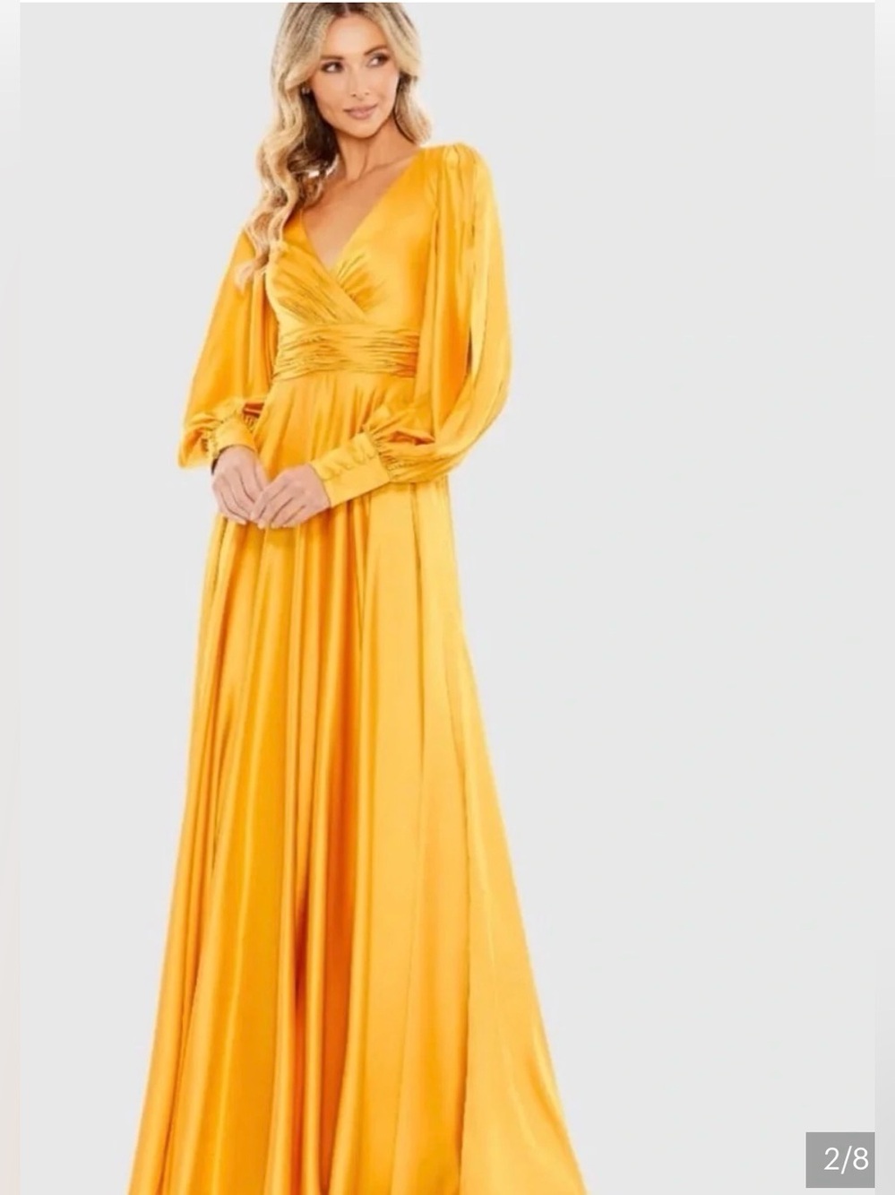 Mac Duggal marigold Flowy Split Bishop Sleeve Faux Wrap gown sz 10 new